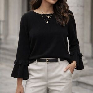 Charter Club Cashmere Luxury Sweater Black 100% Cashmere w/ Long Sleeve Ruffle L